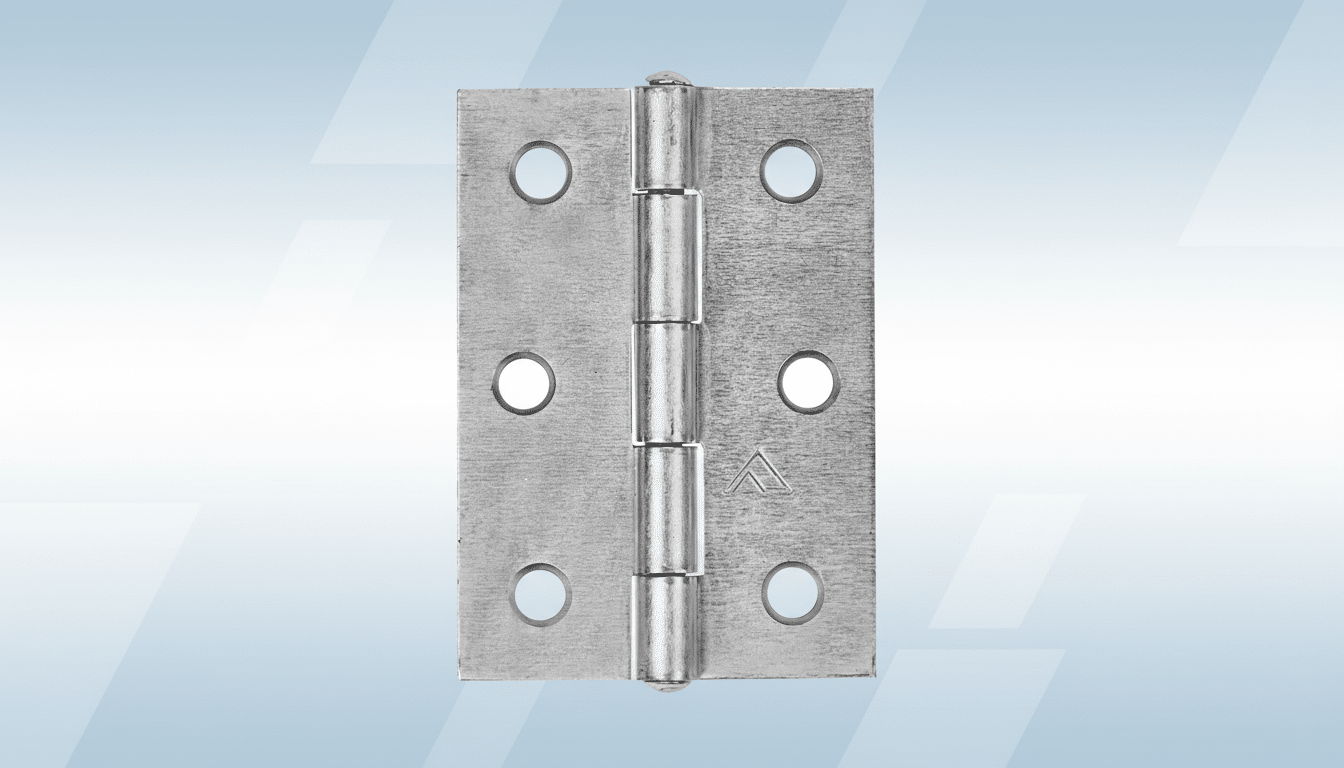 A silver door hinge with six screw holes is centered against a professional light blue and white gradient background with subtle geometric patterns.