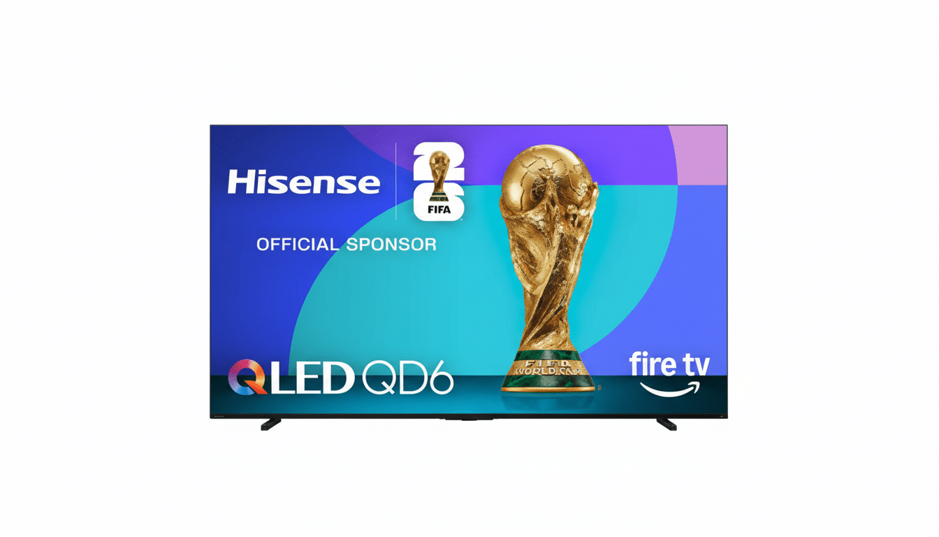 A Hisense QLED QD6 TV with a 16:9 aspect ratio, displaying the FIFA World Cup trophy and Hisense Official Sponsor on a blue and purple background.