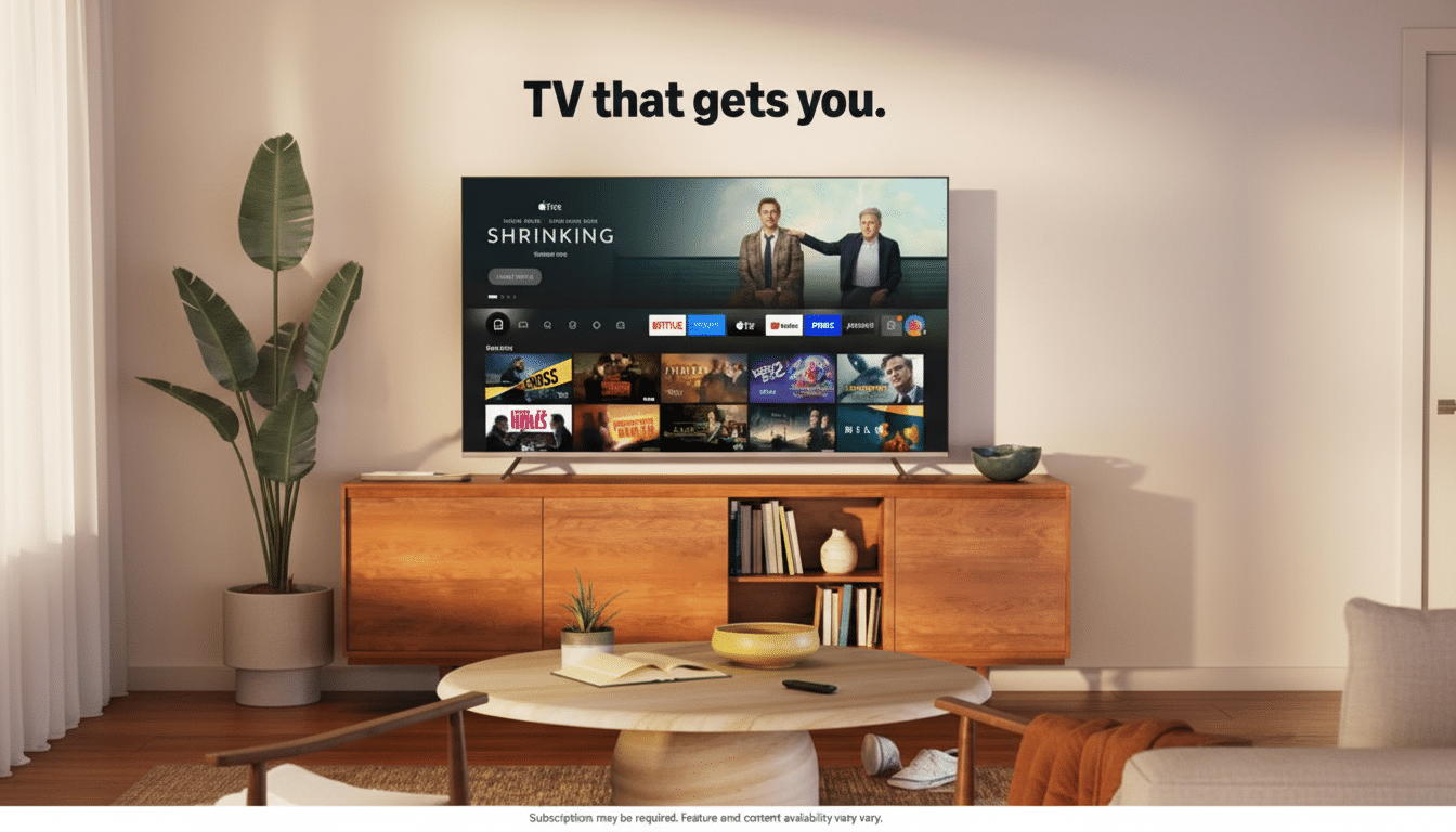 A modern living room with a large flat-screen TV displaying the Shrinking show, resting on a wooden media console. A round coffee table with a book and decorative items sits in front, and a large potted plant is to the left of the TV.