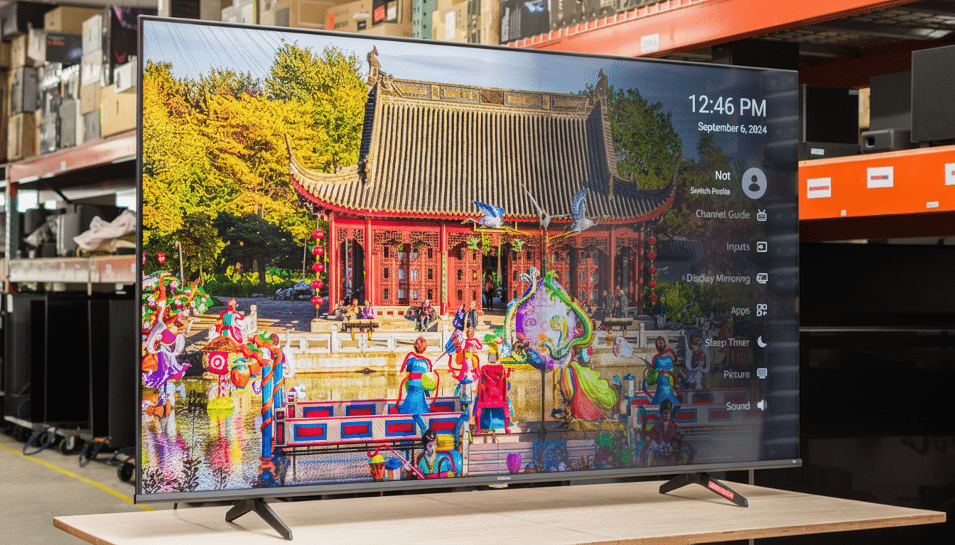 A large flat-screen television displaying a vibrant image of a traditional Asian building by a body of water with colorful figures, set against a backdrop of a warehouse.
