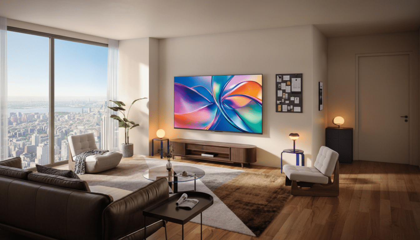 A modern living room with a large television displaying colorful abstract art, a brown leather sofa, a light-colored armchair, a glass coffee table, and a large window overlooking a city skyline.