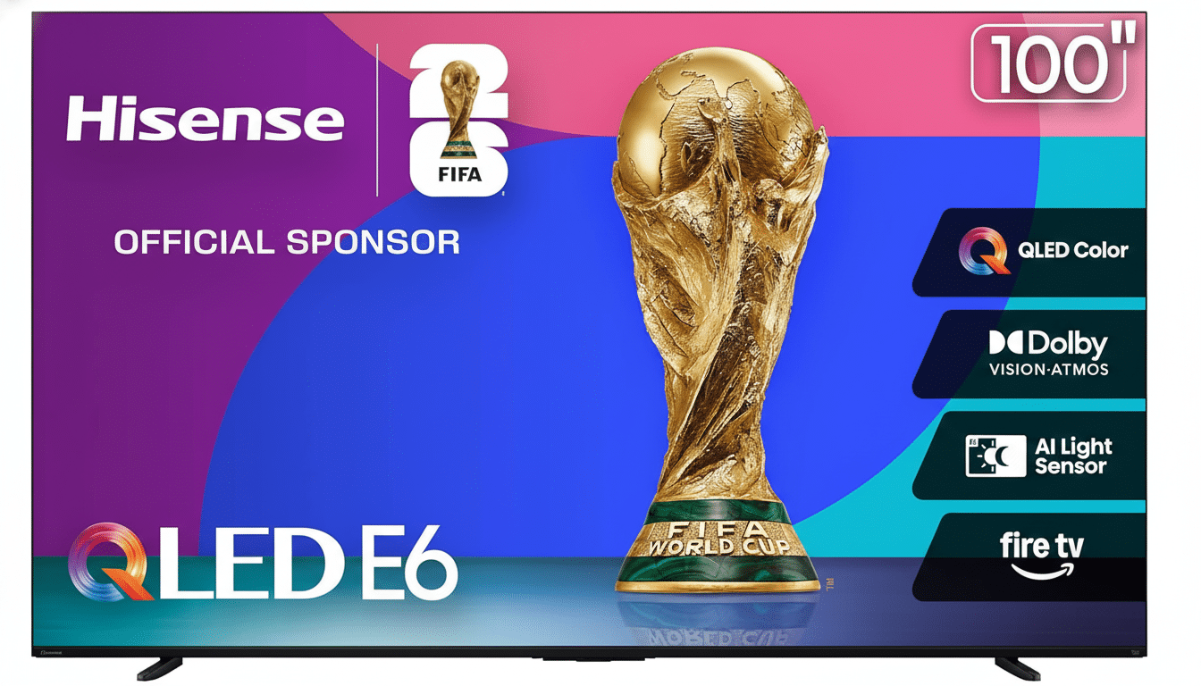 A Hisense QLED E6 100-inch television, an official sponsor of FIFA, displaying the FIFA World Cup trophy. The screen also highlights features like QLED Color, Dolby Vision-Atmos, AI Light Sensor, and Fire TV.