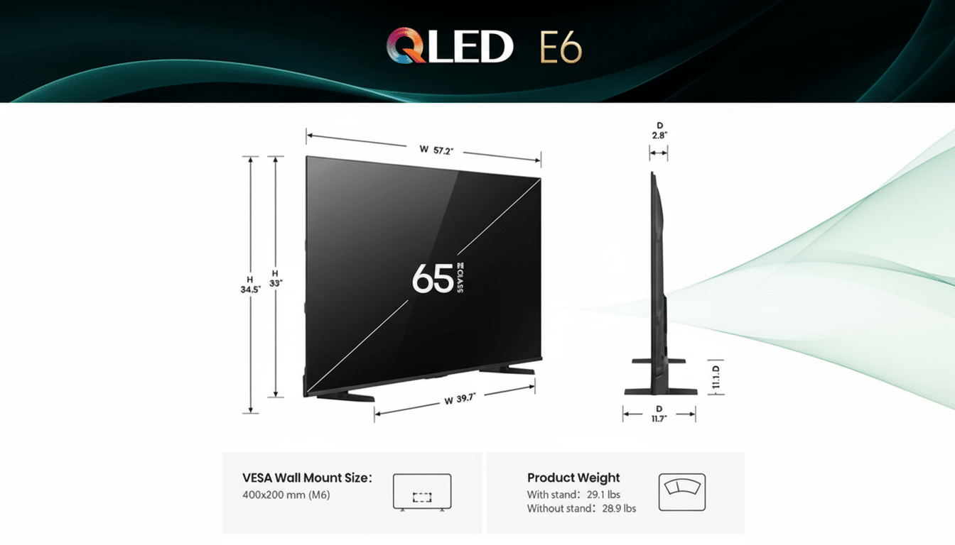 A professional image of a QLED E6 65-inch television with its dimensions and weight specifications, set against a clean, modern background.