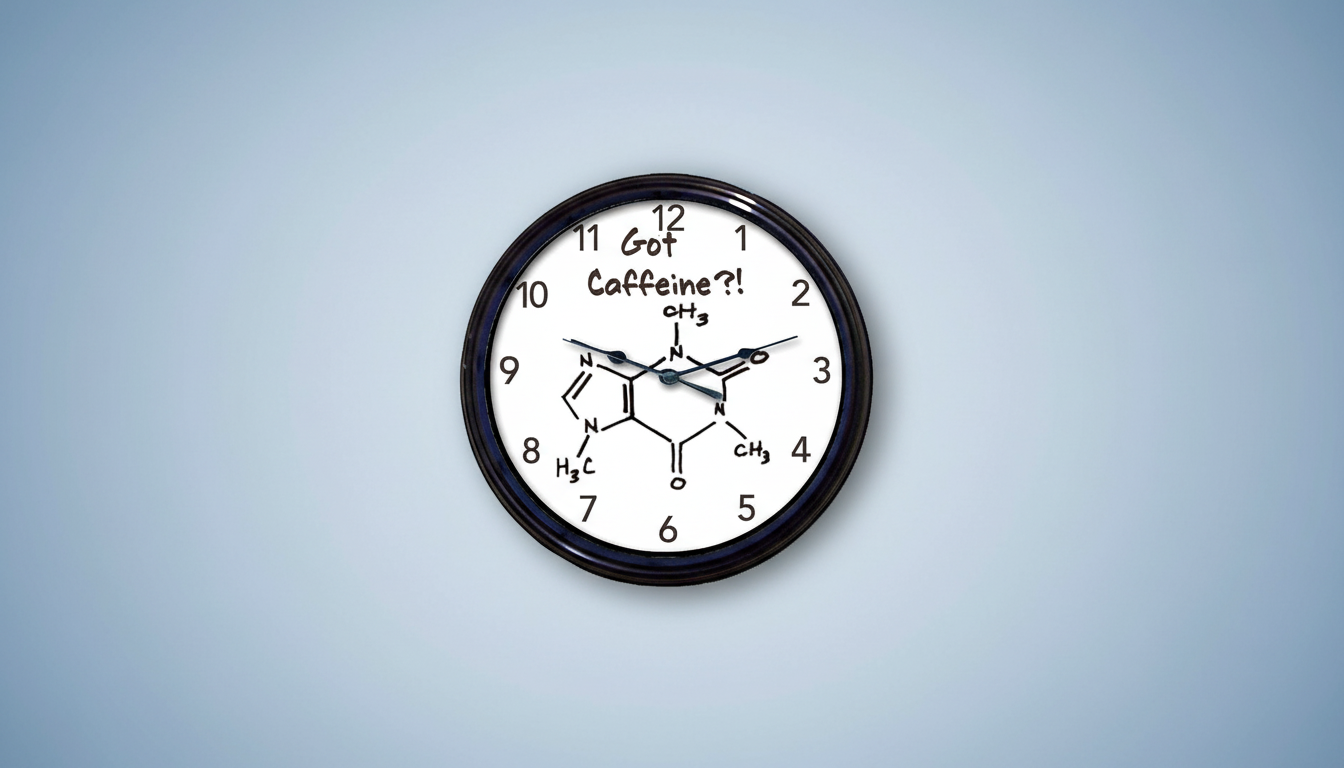 A wall clock with a black frame and a white face. The clock face features the chemical structure of caffeine in the center, with the words Got Caffeine?! written above it. The numbers 1 through 12 are displayed around the edge of the clock face. The clock is set against a soft blue gradient background.