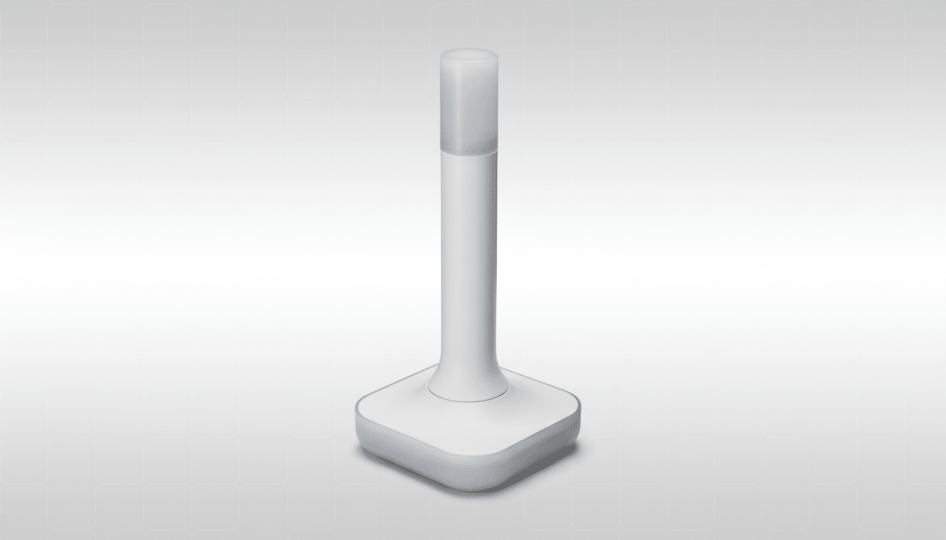 A white and grey device with a cylindrical top and a square base, presented on a professional flat design background with soft patterns.