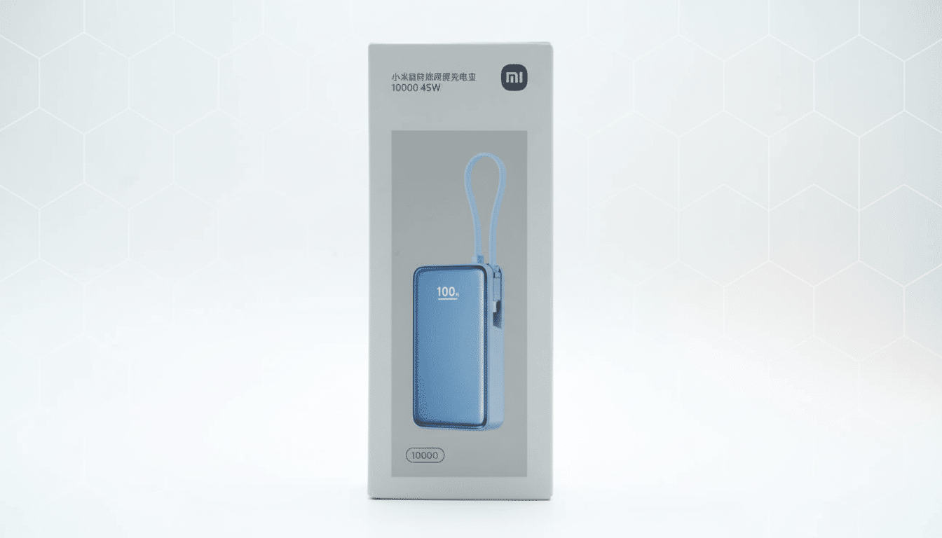 A professional image of a Xiaomi power bank box, resized to a 16:9 aspect ratio with a subtle geometric pattern background.