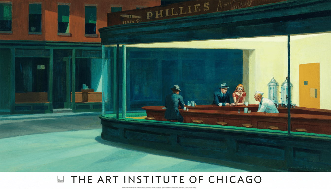 A 16:9 aspect ratio image of Edward Hoppers Nighthawks painting, featuring a diner with four people inside, maintaining the original background and professional enhancement.