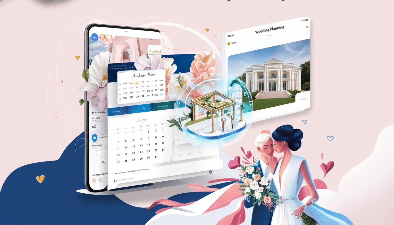 A wedding planning app interface displayed on a smartphone and a tablet, with a couple in wedding attire in the foreground.