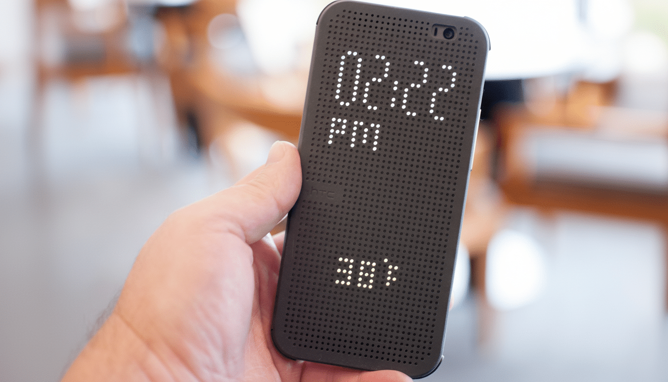 A hand holding an HTC smartphone with a dot matrix display showing the time 02:22 PM and 38°.