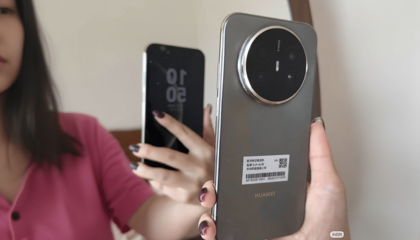 A person holding two smartphones, one in each hand. The phone in the foreground is a dark gray Huawei device with a large circular camera module on the back. The phone in the background is black with a dark screen, held by the same person.
