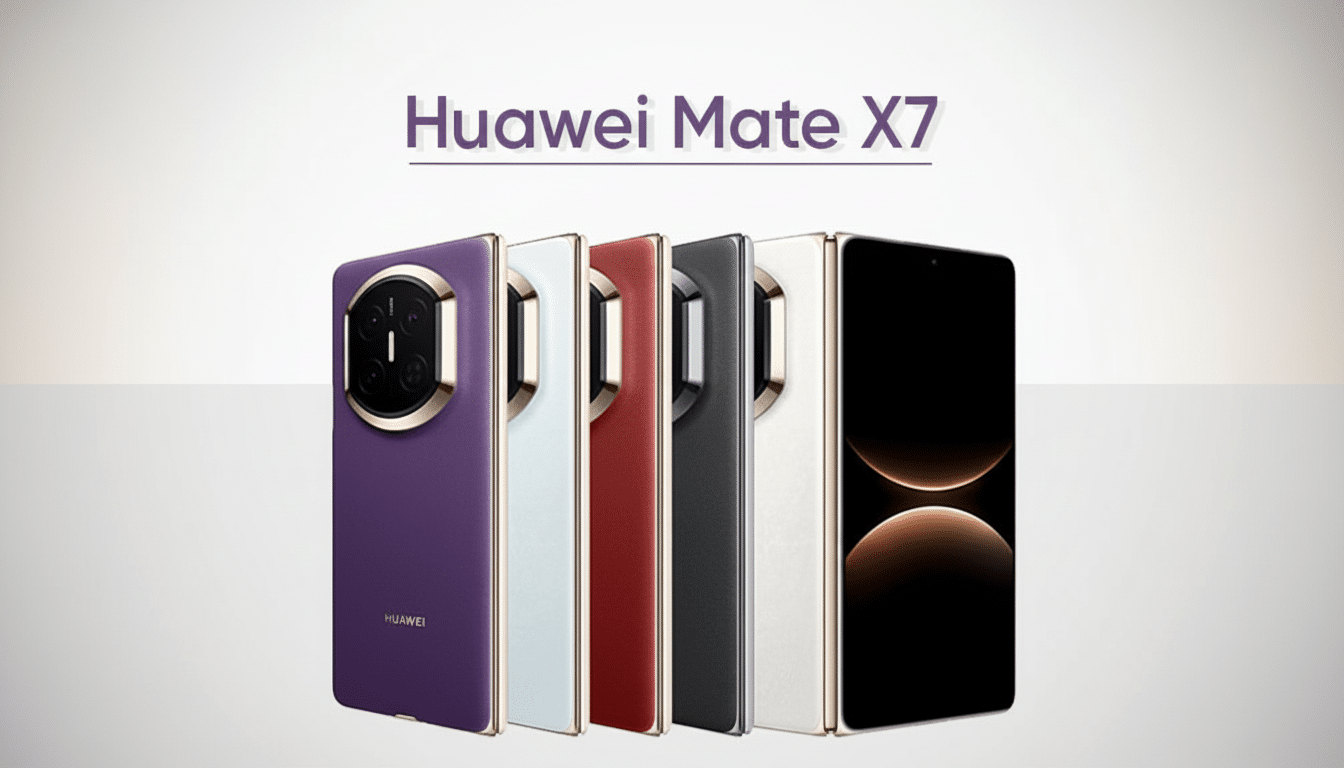 A professional image of five Huawei Mate X7 smartphones in various colors (purple, white, red, black, and cream) lined up, with the Huawei Mate X7 logo above them.