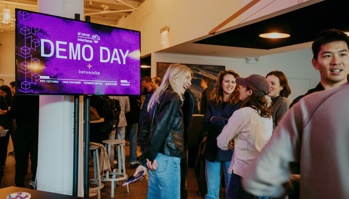A group of people gathered in a room, with a large screen displaying DEMO DAY in purple and white text.