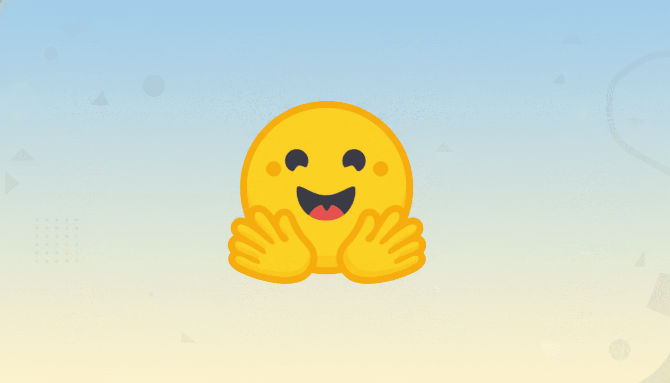 A yellow emoji with a wide smile and open hands, as if offering a hug, set against a professional flat design background with soft blue and yellow gradients and subtle geometric patterns.