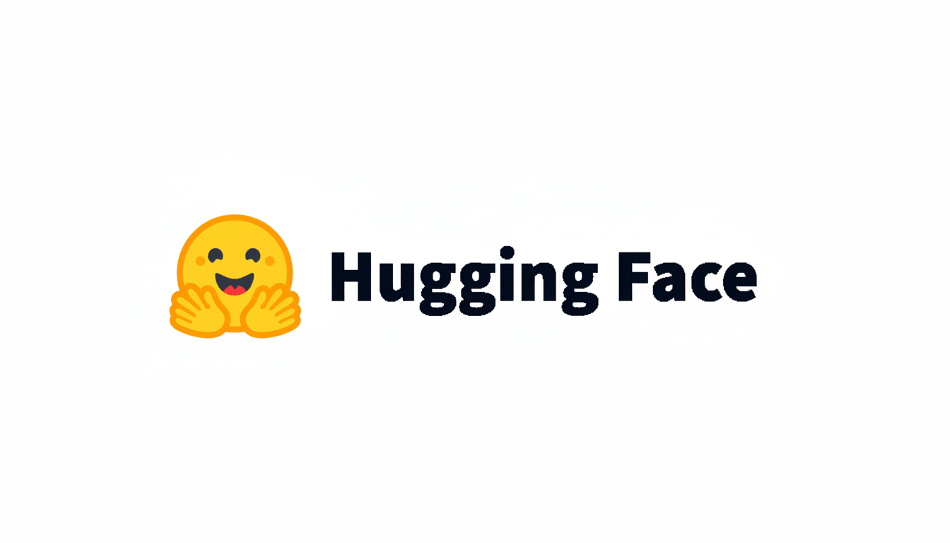 The Hugging Face logo, featuring a yellow emoji with a happy expression and outstretched hands, next to the words Hugging Face in bold black text, all on a white background.