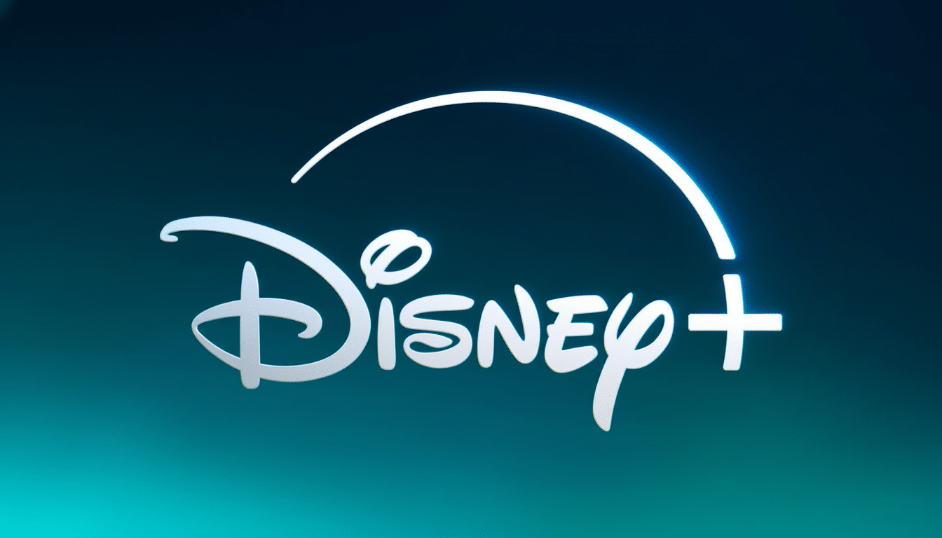 The Disney+ logo, featuring the word Disney in its classic script font with a glowing arc over it, followed by a plus sign, all set against a gradient background of dark teal to lighter blue.