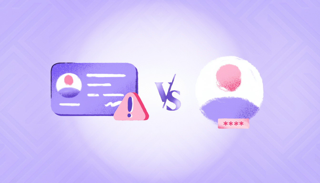 An illustration comparing a compromised ID card with an alert symbol to a secure user profile with a password.