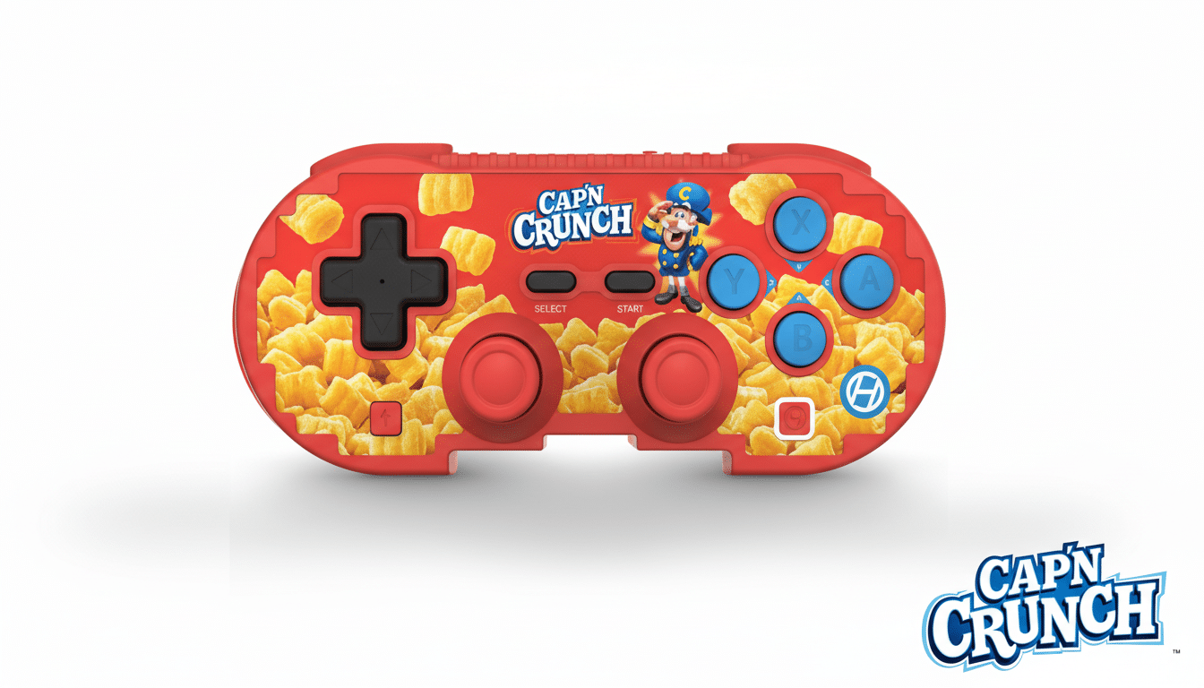 A red video game controller with Capn Crunch cereal pieces as a pattern, featuring the Capn Crunch logo and character, set against a clean white background with the Capn Crunch logo at the bottom right.