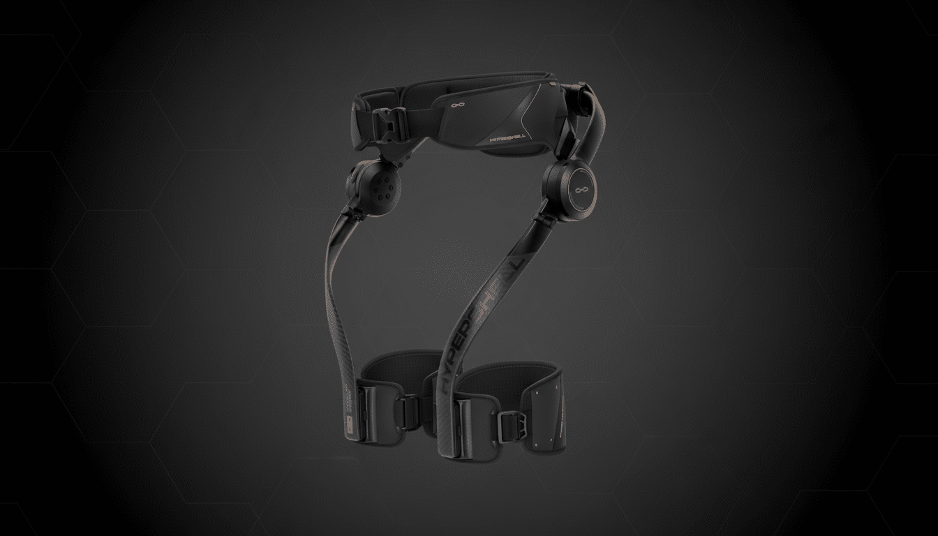 A black and orange HYPERSHELL exoskeleton device, designed for leg support, is presented against a dark gray background with a subtle hexagonal pattern.