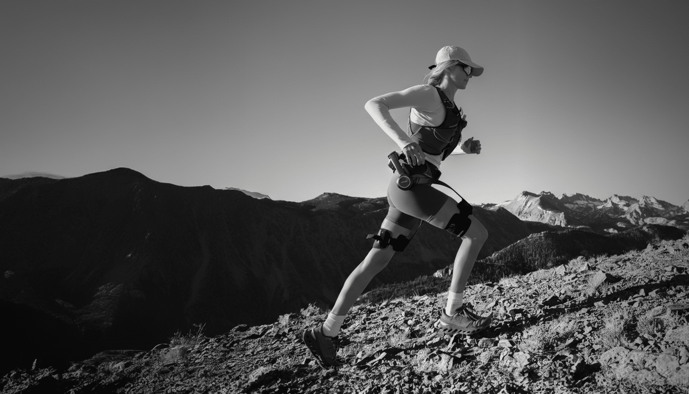 A woman trail running uphill in a mountainous, rocky landscape, wearing athletic gear and a cap.