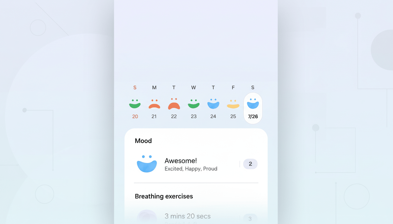A mobile app screen displaying a mood tracker and breathing exercises. The mood tracker shows a calendar week with different smiley faces indicating daily moods, with 7/26 highlighted as a happy mood. Below, a Mood section shows Awesome! Excited, Happy, Proud with a blue smiley icon. Further down, a Breathing exercises section shows 3 mins 20 secs. The background is a light blue with subtle geometric patterns.