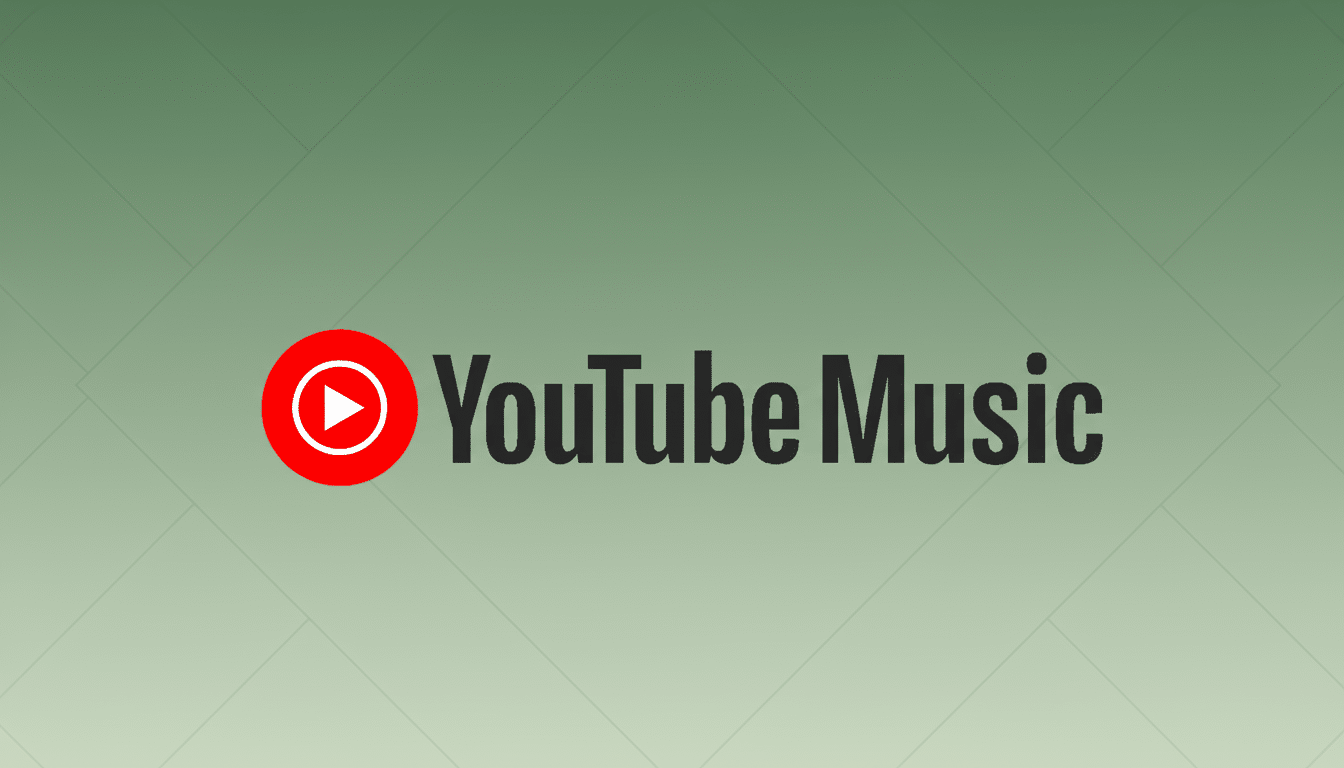 The YouTube Music logo, featuring a red play button icon within a white circle, followed by the words YouTube Music in dark gray text, set against a professional flat design background with soft green gradients and subtle geometric patterns.