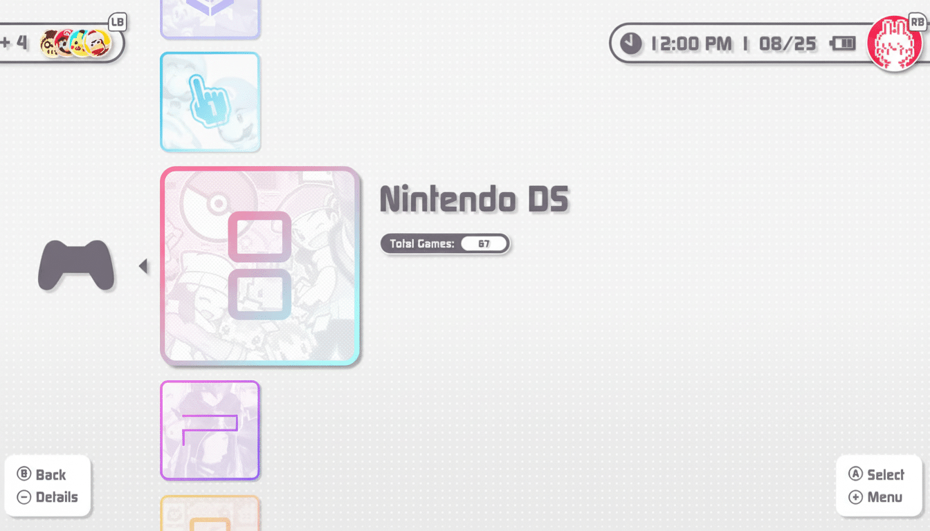 A screenshot of a Nintendo DS emulator interface, showing game icons and system information.