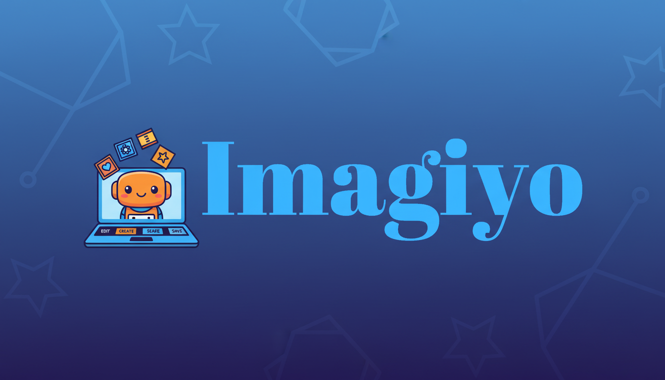 The Imagiyo logo, featuring a friendly orange robot on a laptop with various icons floating above it, and the word Imagiyo in blue text, all set against a professional blue gradient background with subtle geometric patterns.