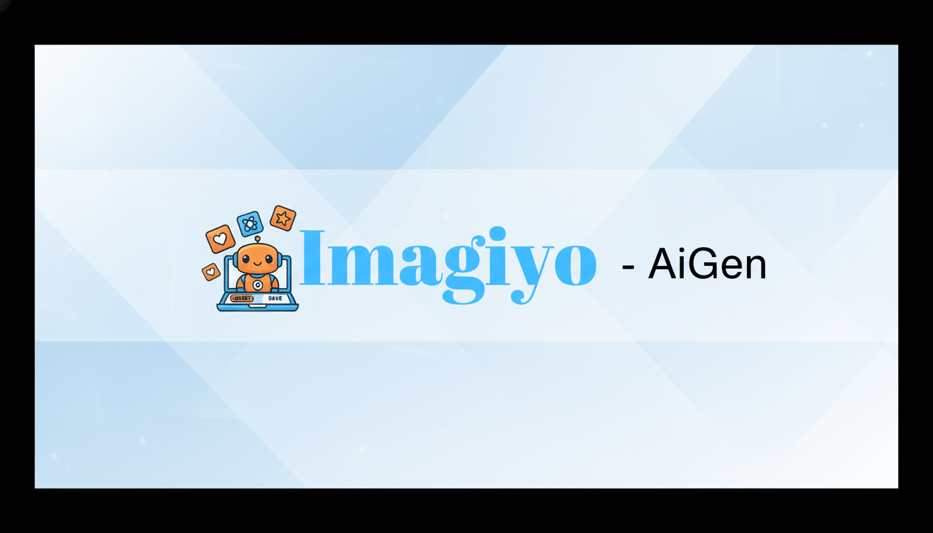 The Imagiyo - AiGen logo, featuring a cute orange robot on a laptop with floating icons, set against a professional light blue background with subtle geometric patterns.