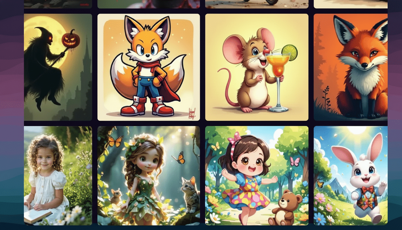 A grid of various AI-generated images, including cartoon animals, fantasy creatures, and children in whimsical settings, resized to a 16:9 aspect ratio with a gradient background.