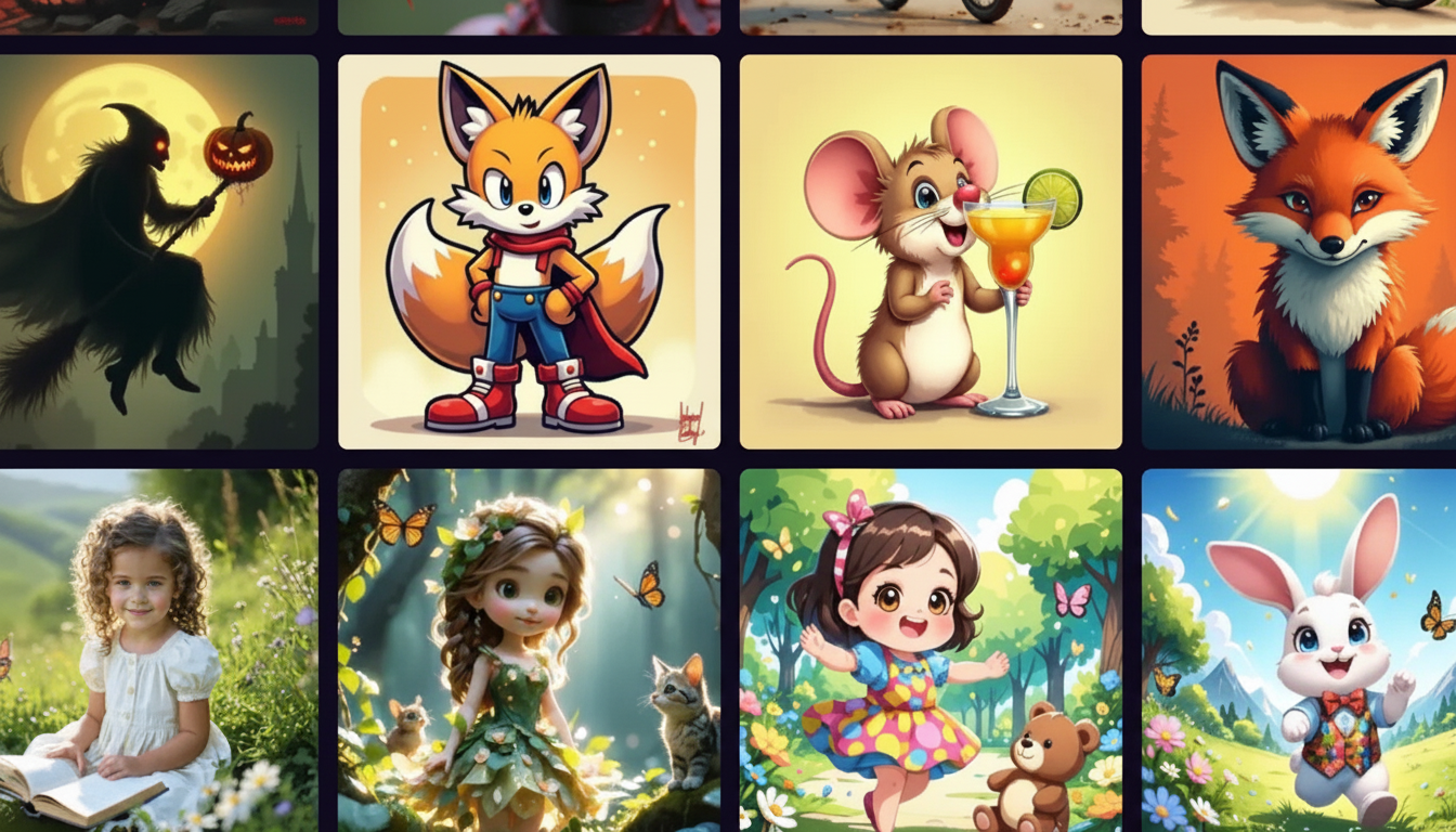 A grid of various cartoon and illustrated images, including a fox, a mouse, a rabbit, and a young girl reading a book.