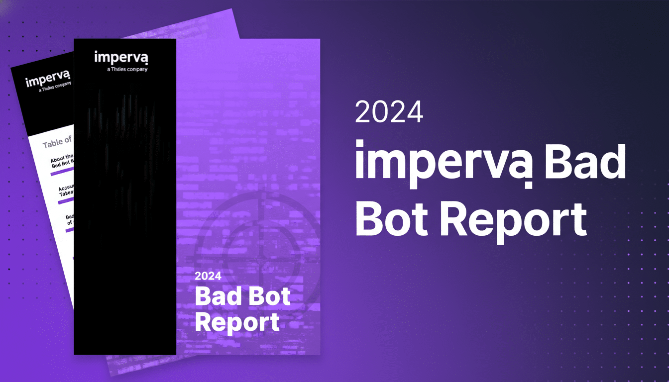 A professional image featuring the 2024 Imperva Bad Bot Report on a purple background with subtle patterns, resized to a 16:9 aspect ratio.