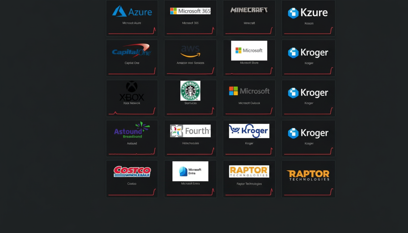 A grid of company logos, including Azure, Microsoft 365, Minecraft, Capital One, AWS, Microsoft Store, Xbox Network, Starbucks, Microsoft Outlook, Astound Broadband, Fourth, Kroger, Costco, Microsoft Entra, and Raptor Technologies.