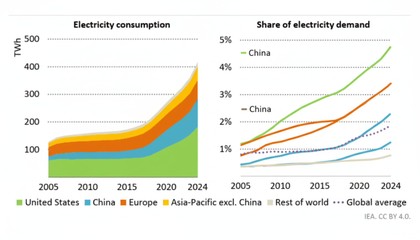 A professional chart showing electricity consumption and share of electricity demand from 2005 to 2024, with data for the United States, China, Europe, Asia-Pacific excluding China, and the rest of the world.