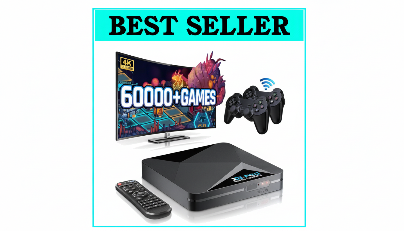 A BEST SELLER banner above an image of a black gaming console, a remote control, two game controllers, and a monitor displaying a video game with 60000+ GAMES text.