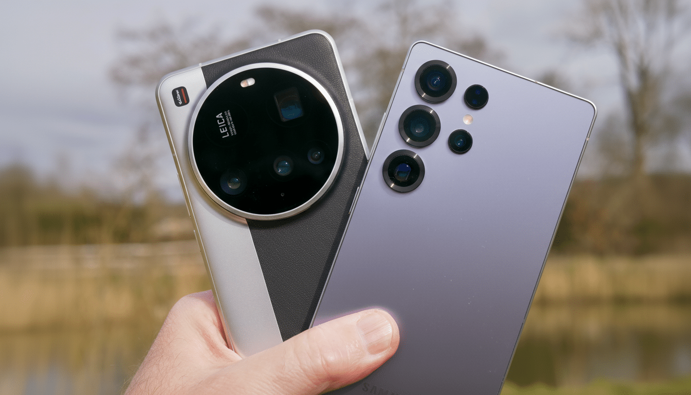 A hand holding two smartphones, one with a large circular camera module and the other with multiple individual camera lenses, against a blurred outdoor background.