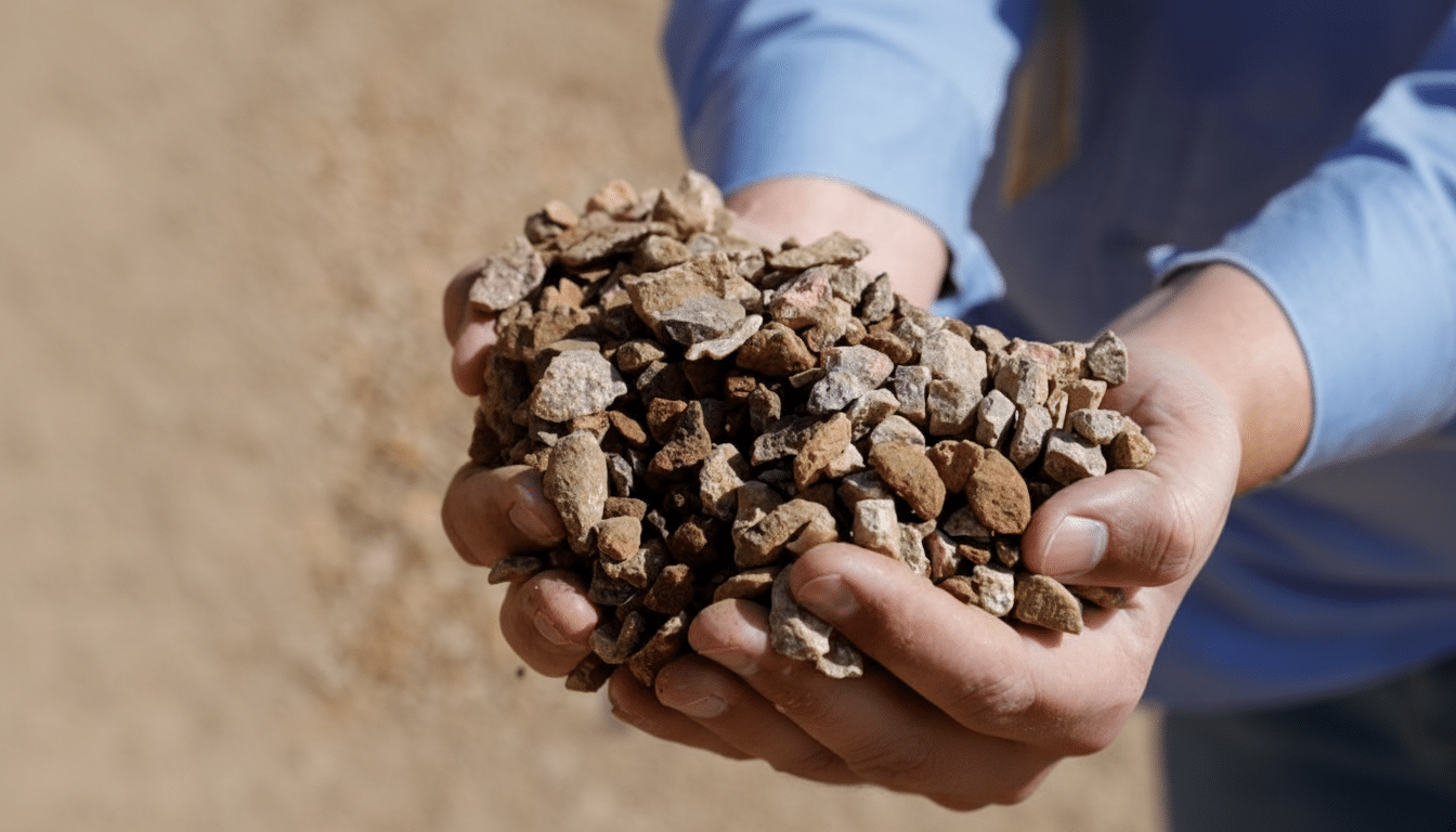 A persons hands holding a pile of small, rough gravel.