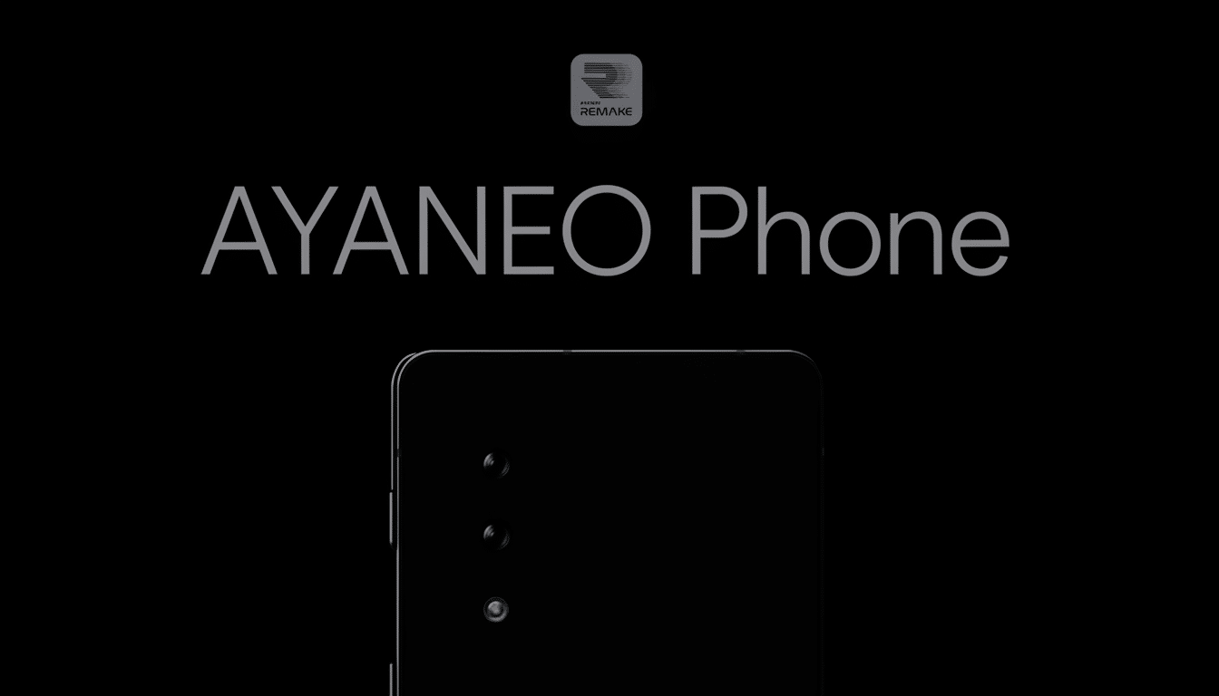 A black smartphone with three camera lenses on the back, set against a dark background with the text AYANEO Phone and the AYANEO REMAKE logo.