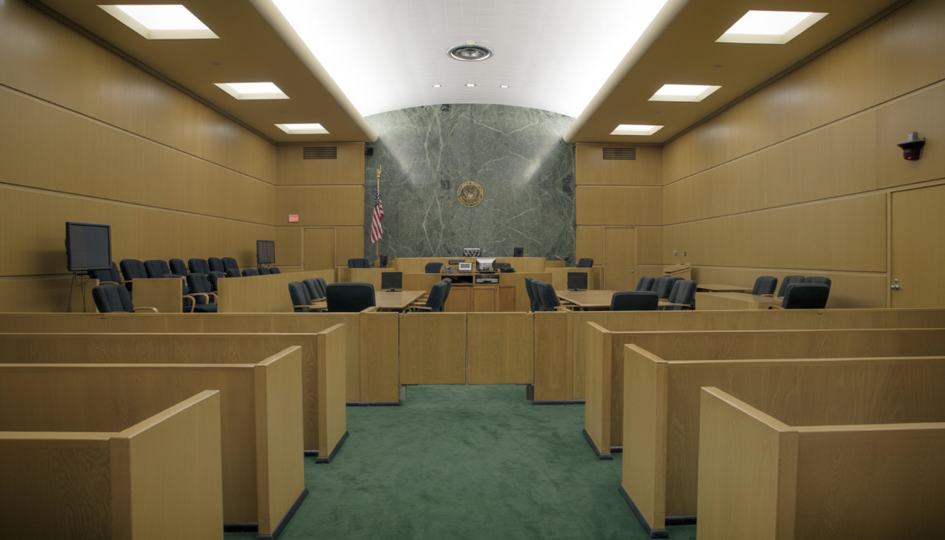 A professional, enhanced image of an empty courtroom with a 16:9 aspect ratio, featuring wooden paneling, green carpet, and a marble wall behind the judges bench.