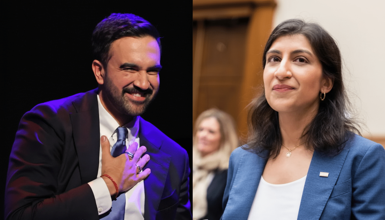 A split image showing a man in a suit smiling and holding his hand to his chest on the left, and a woman in a blue blazer smiling on the right.