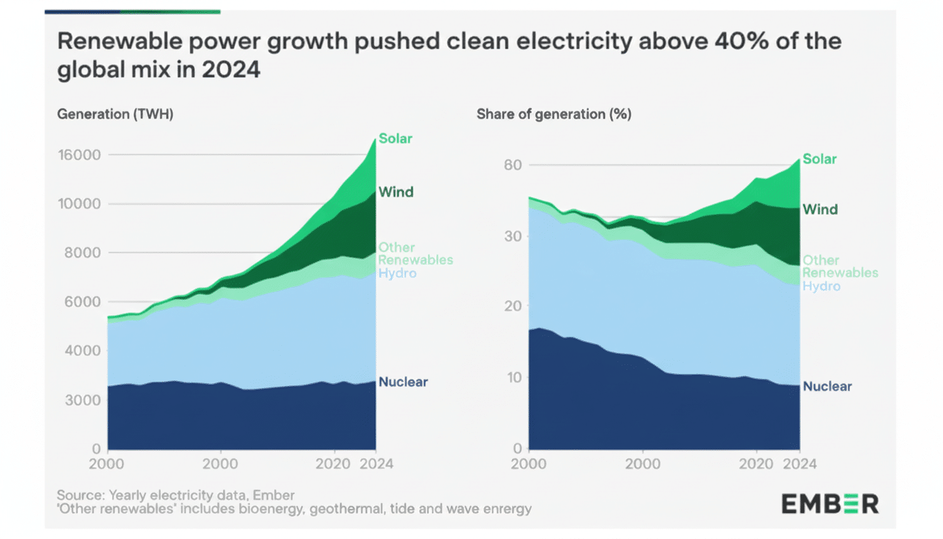 A professional chart showing renewable power growth pushing clean electricity above 40% of the global mix in 2024, with two graphs displaying generation in TWh and share of generation in percentage, highlighting solar, wind, other renewables, hydro, and nuclear energy sources.