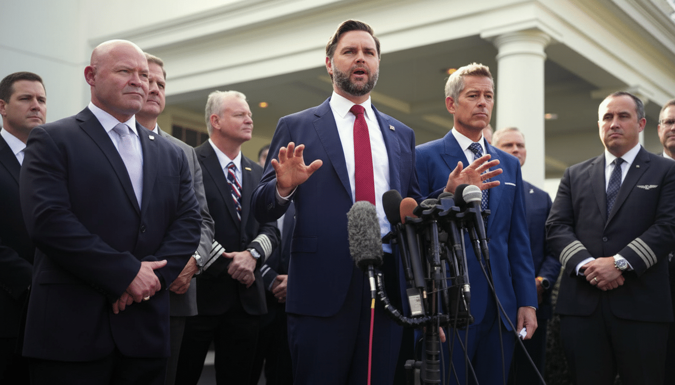 A man in a blue suit and red tie speaks at a podium with microphones, surrounded by other men in suits and uniforms, outdoors in front of a white building.