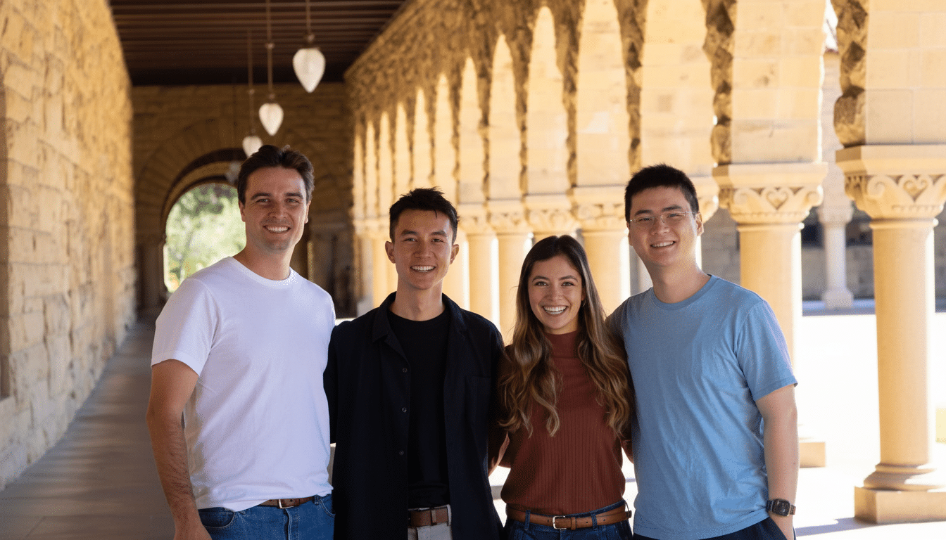 Four young adults smiling at the camera, standing in a stone archway.
