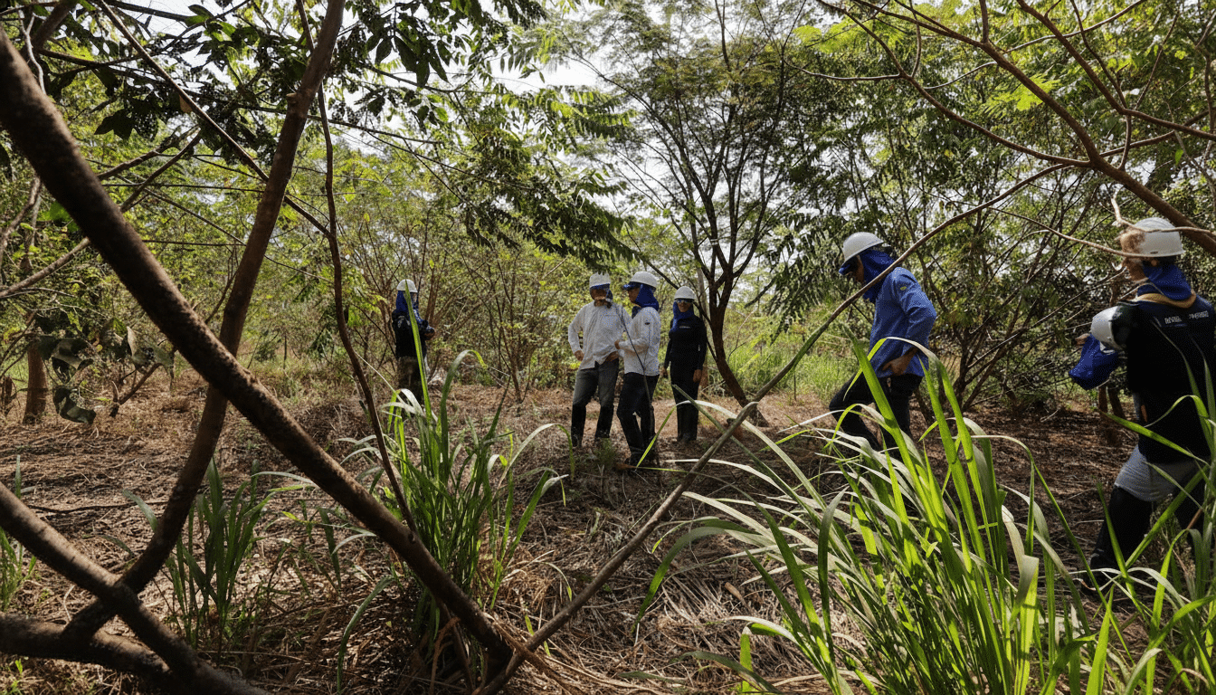 A group of people in hard hats and work clothes standing in a wooded area with tall grass and trees.