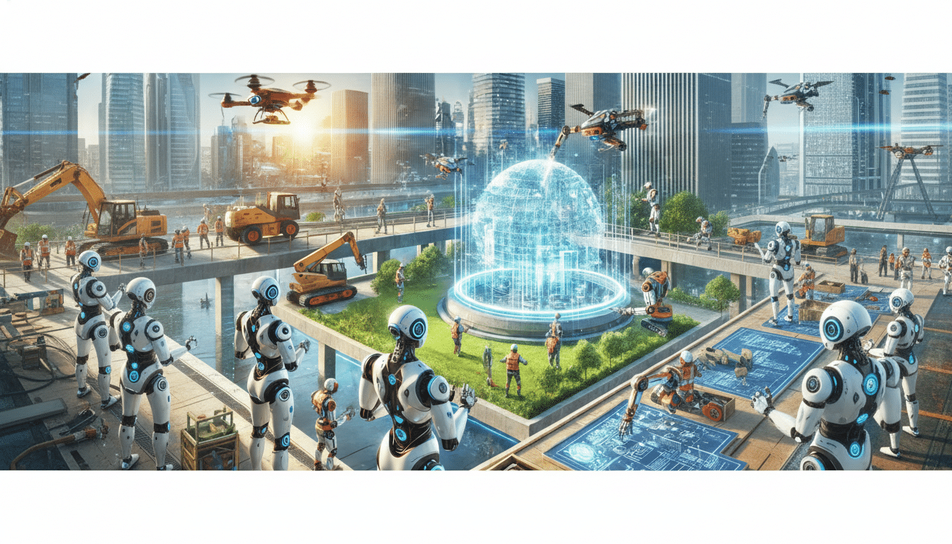 A futuristic city scene with robots and drones working on construction and maintenance, featuring a glowing holographic sphere in the center.