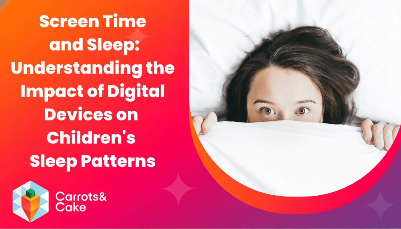 A 16:9 aspect ratio image with a woman peeking over a white blanket on the right, and text on the left that reads Screen Time and Sleep: Understanding the Impact of Digital Devices on Childrens Sleep Patterns with a Carrots & Cake logo below.