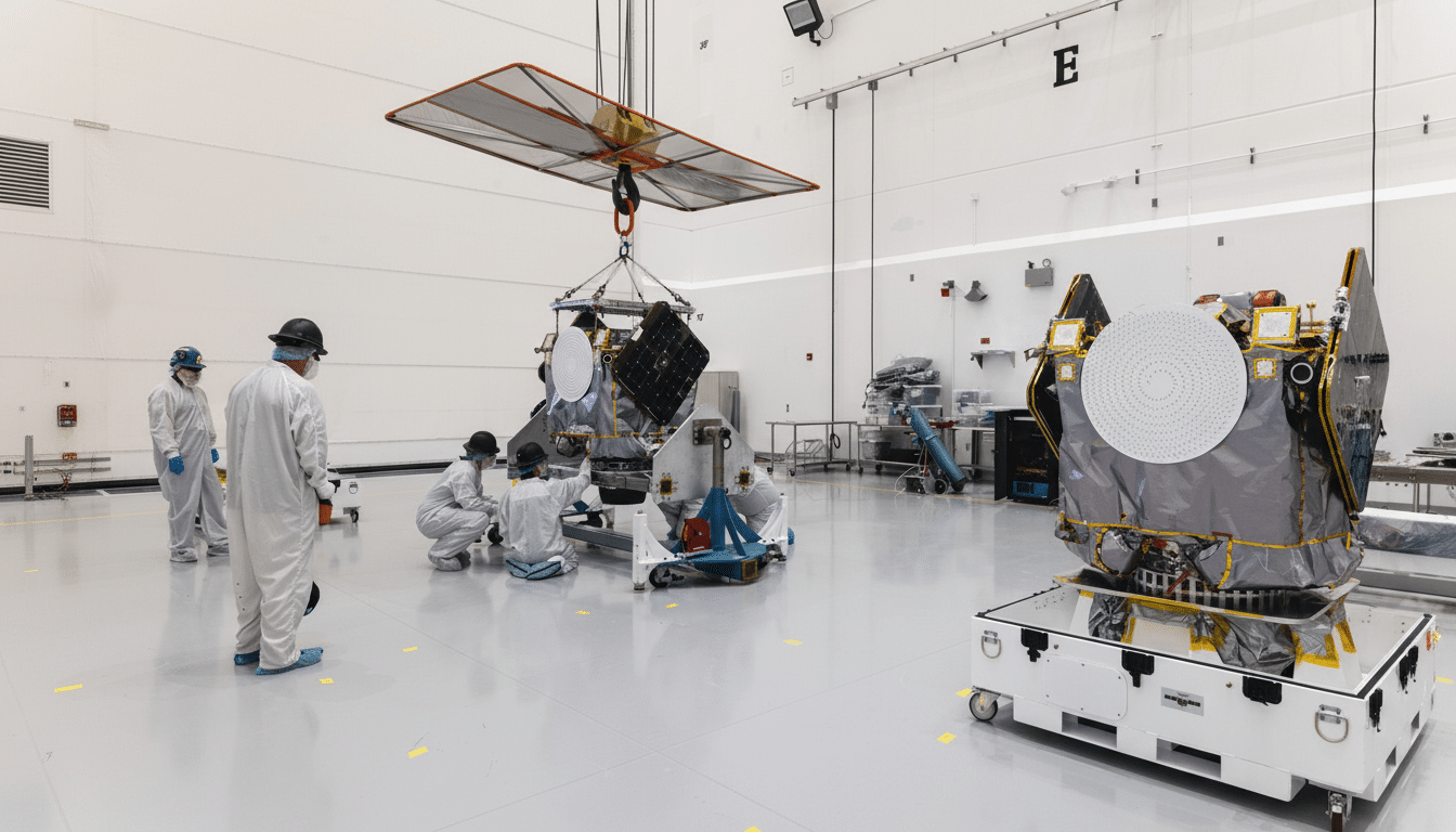 Engineers in a cleanroom facility working on a satellite, with another satellite on a mobile platform to the right.