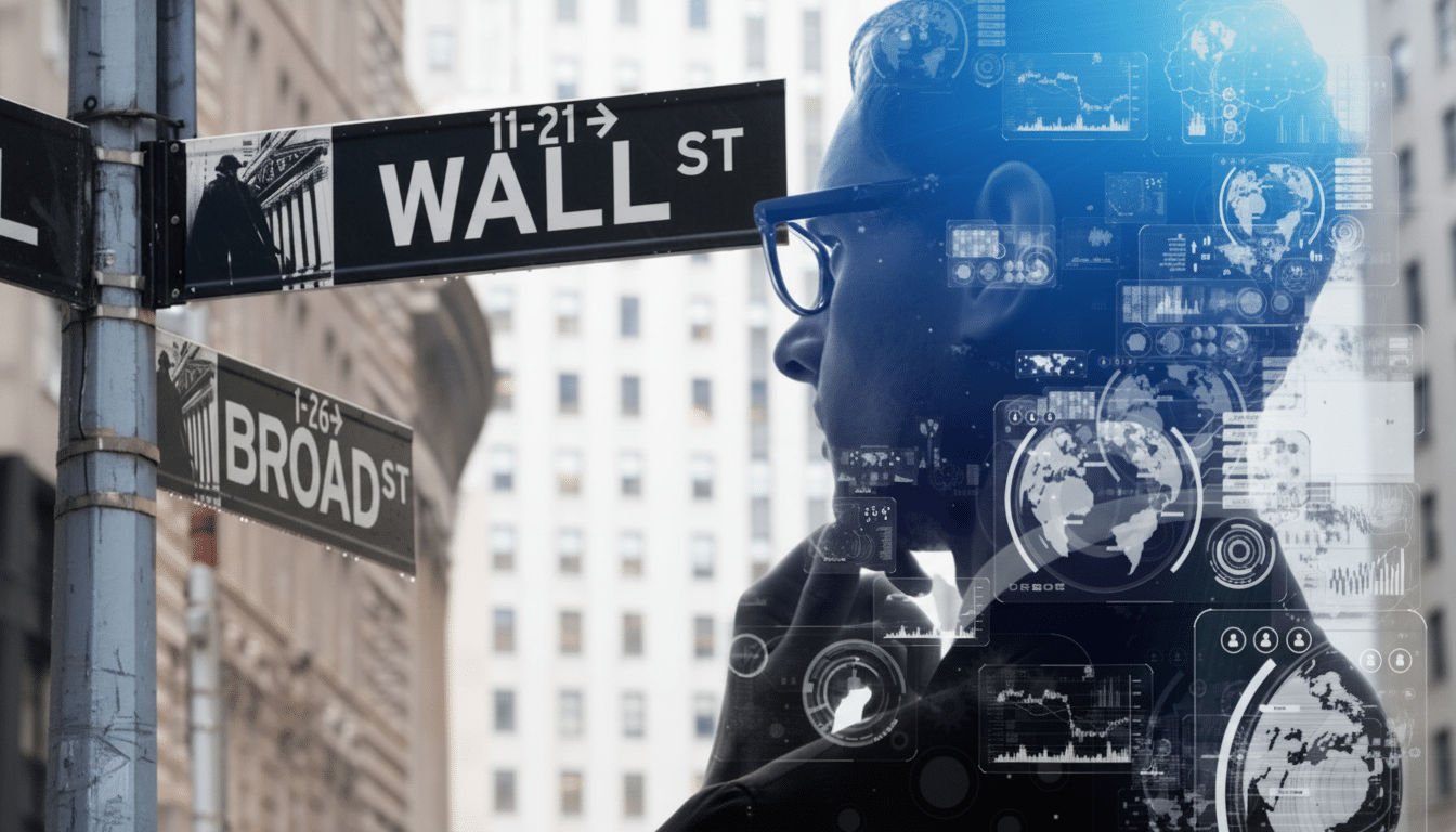 A man with glasses and digital overlays on his face, looking towards a Wall Street sign.