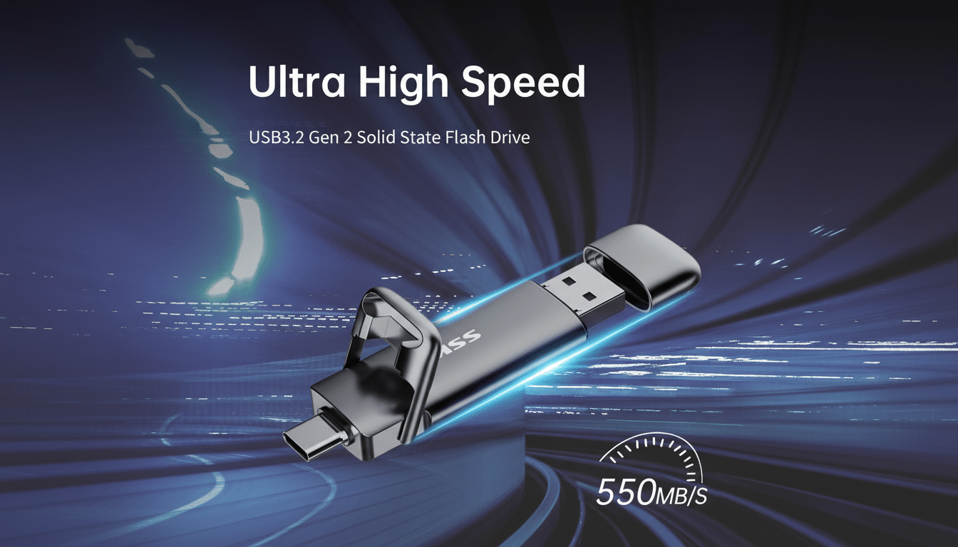 A 16:9 aspect ratio image of a black USB 3.2 Gen 2 Solid State Flash Drive with Ultra High Speed and 550MB/s text, set against a dark, blurred background with blue light streaks.