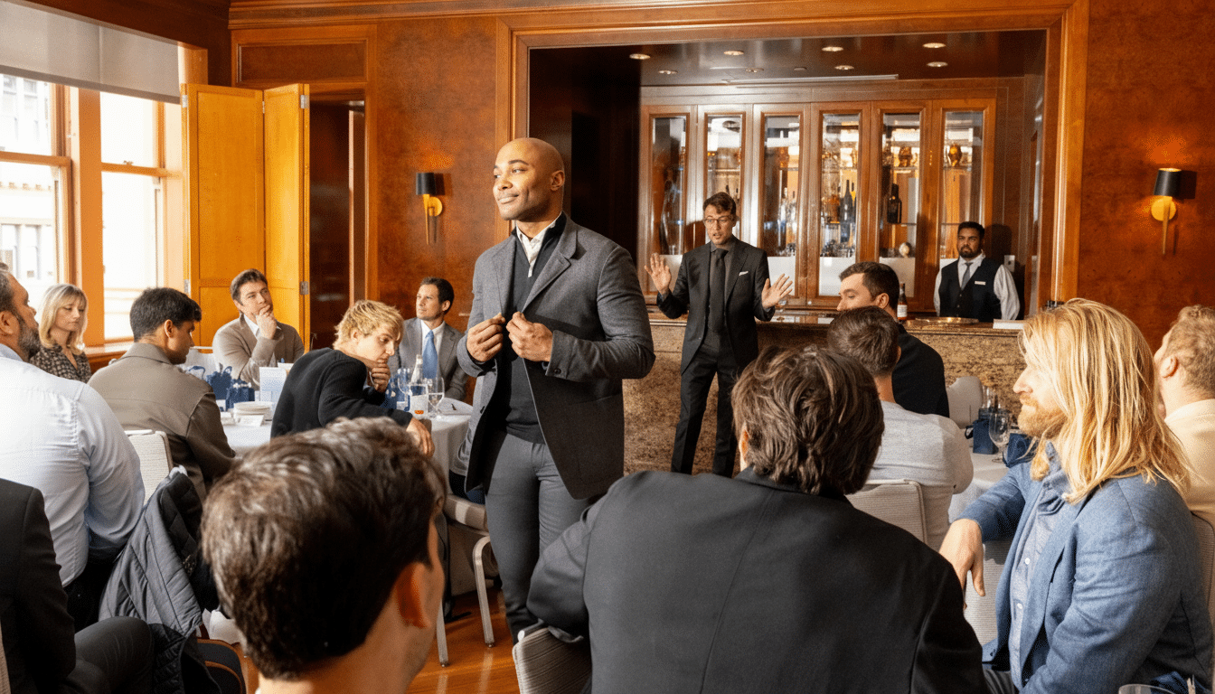 A man in a suit stands and speaks to a group of people seated at tables in a well-appointed room.