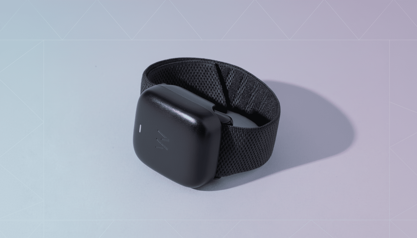 A black wearable device with a textured strap, featuring a subtle W logo and a small white indicator light, presented on a professional flat design background with soft gradients in a 16:9 aspect ratio.